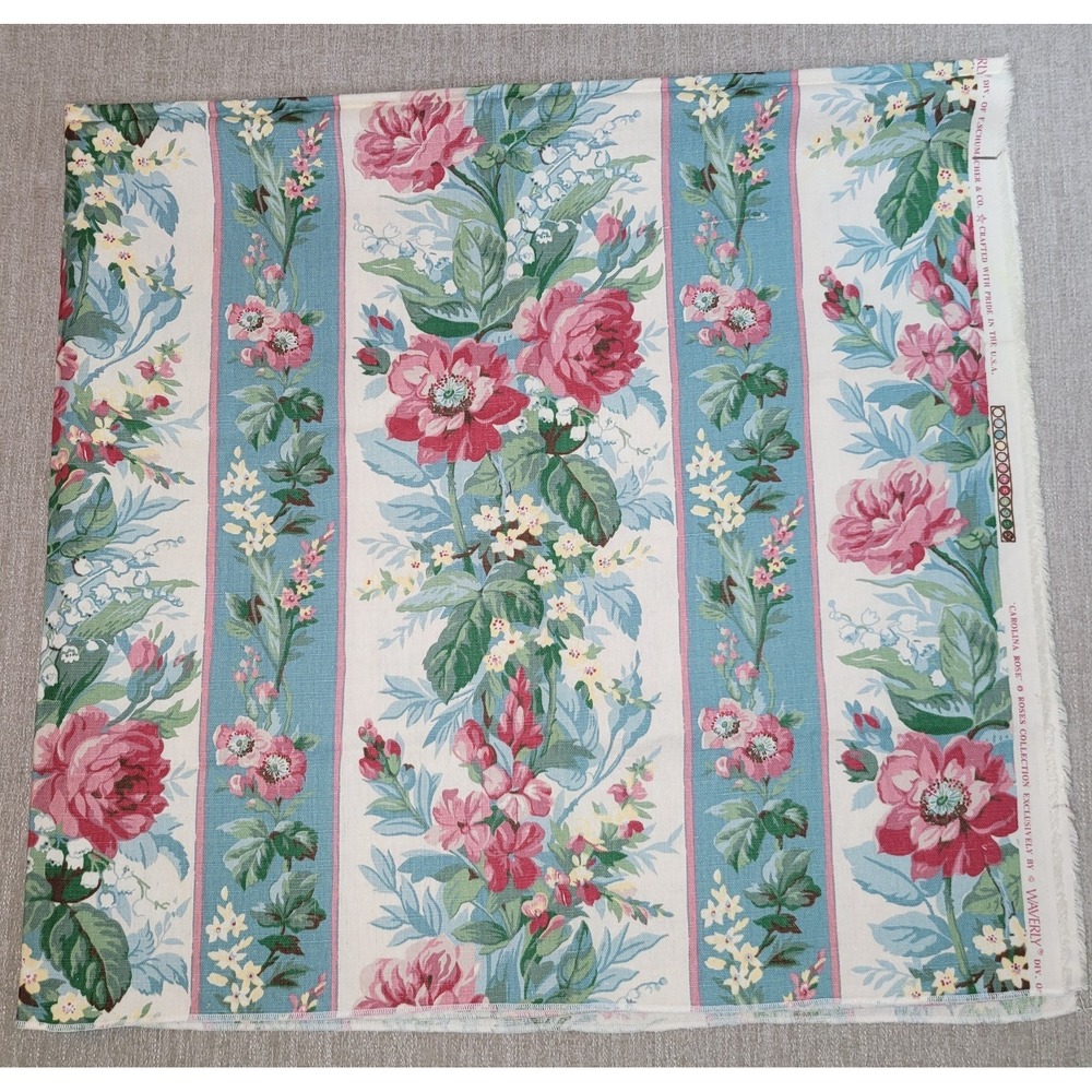 Vintage Waverly Carolina Rose Blue Pink Linen Fabric 55" x 52"